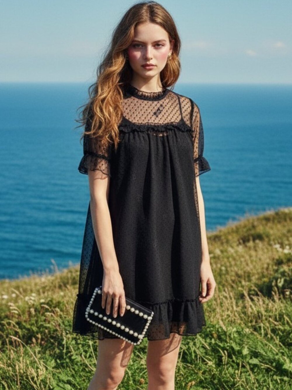 H&M DIVIDED Black Mesh Sheer Ruffle Dress M 10 Goth Punk Y2K Polka Dot Mini